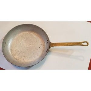 Vtg HAND FORGED 8” COPPER CLAD PAN SKILLET WROUGHT IRON HANDLE PRIMITIVE RIVETS